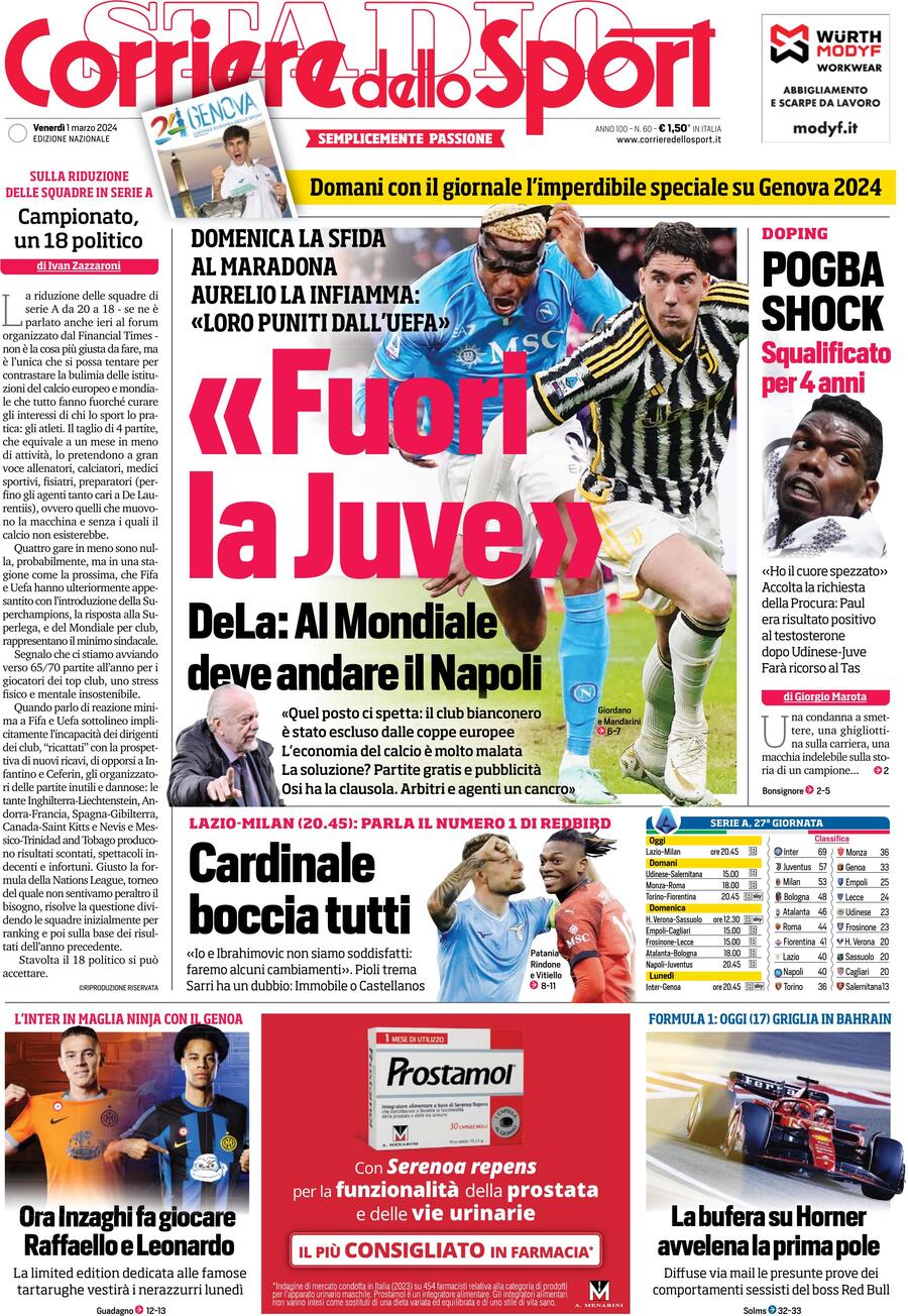 Prima Pagina Corriere dello Sport 01/03/2024