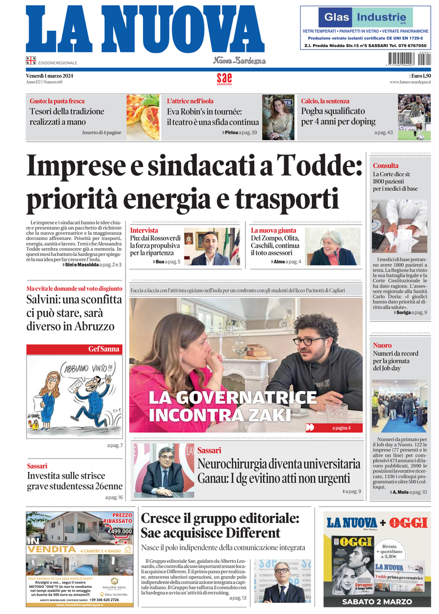 Prima Pagina La Nuova Sardegna 01/03/2024