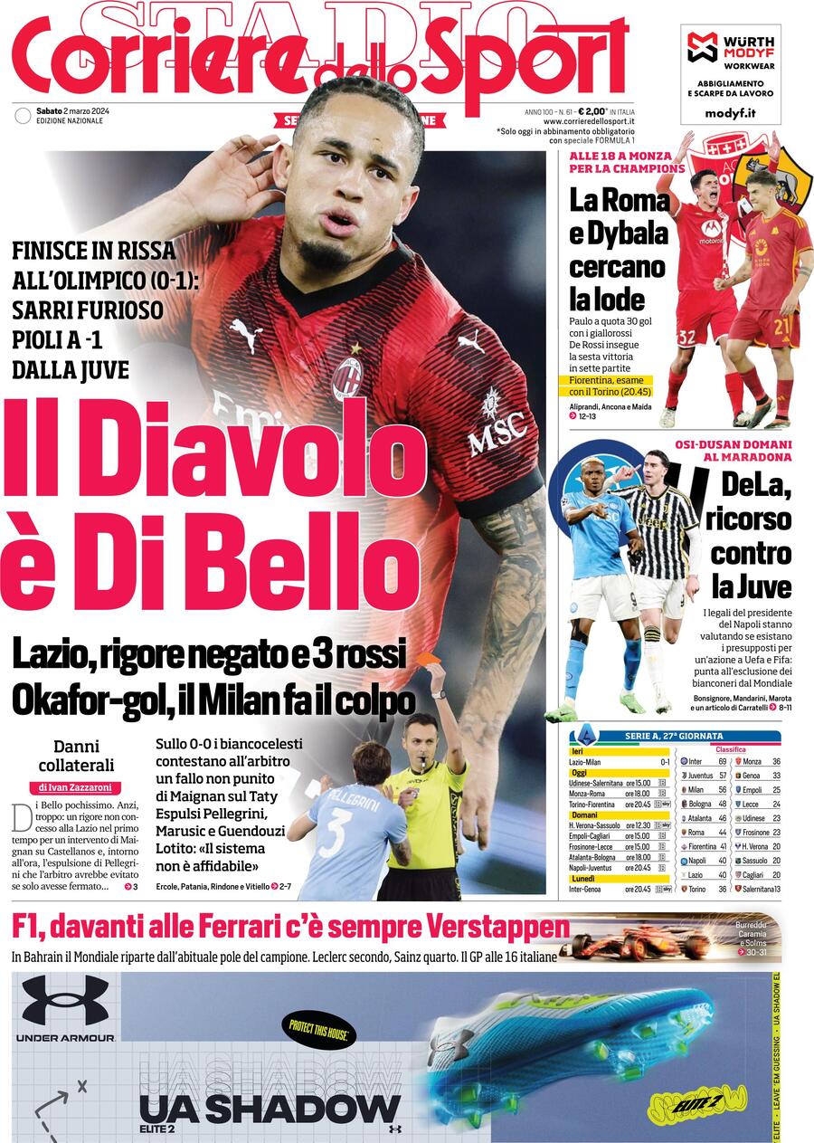 Prima Pagina Corriere dello Sport 02/03/2024