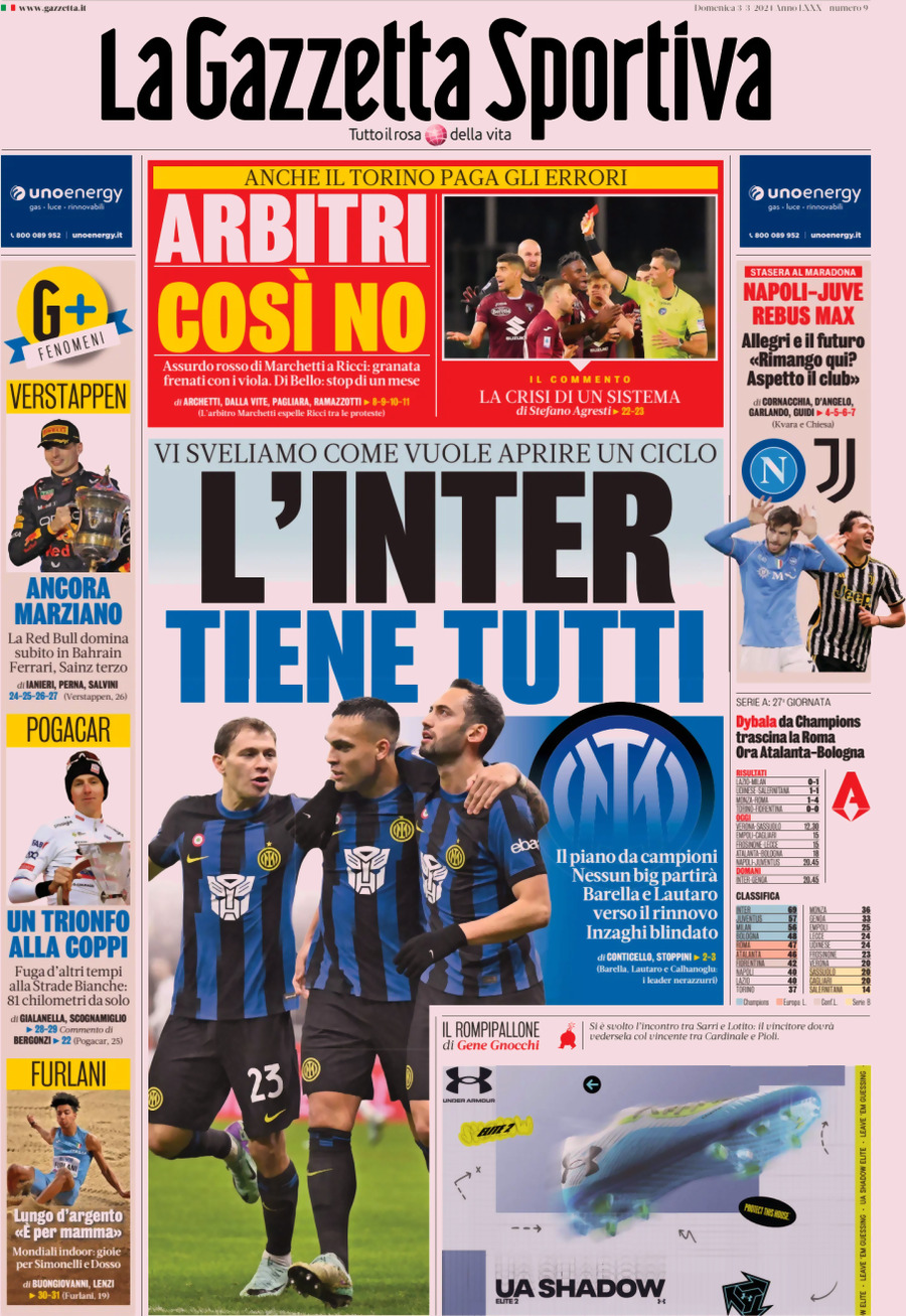 Prima Pagina La Gazzetta dello Sport 03/03/2024