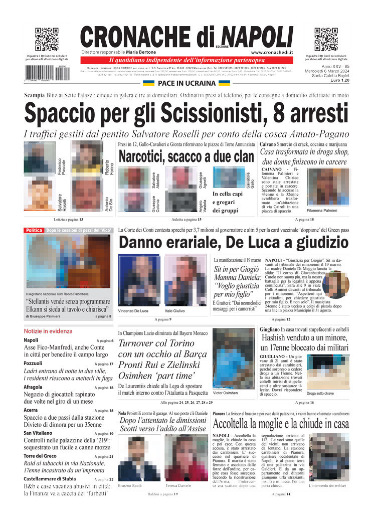 Cronache di Napoli prima pagina di oggi Mercoledì  6 Marzo 2024