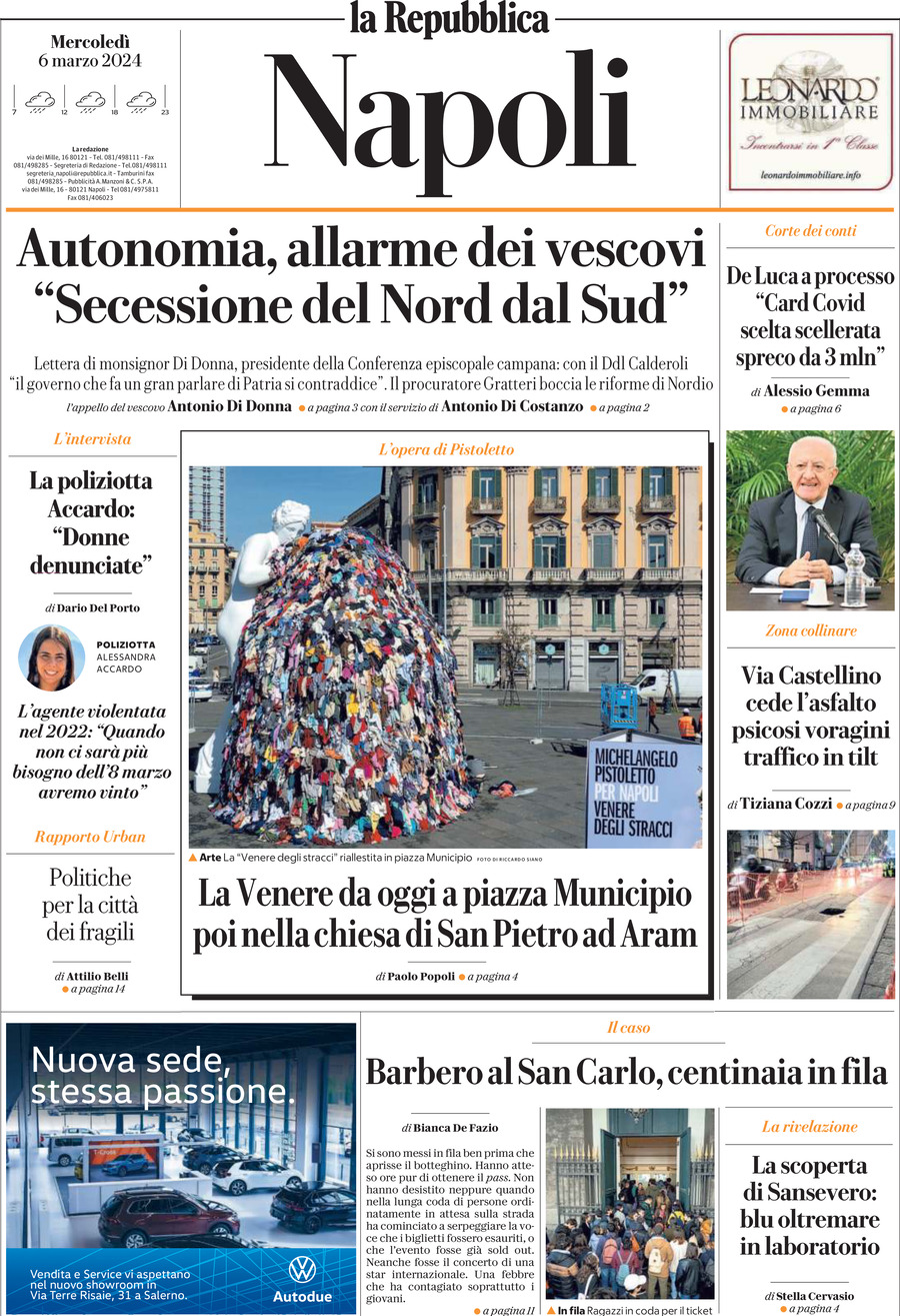 Repubblica Napoli prima pagina di oggi Mercoledì  6 Marzo 2024