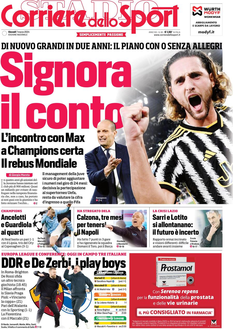 Prima Pagina Corriere dello Sport 07/03/2024