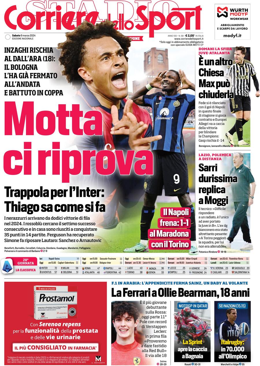 Prima Pagina Corriere dello Sport 09/03/2024