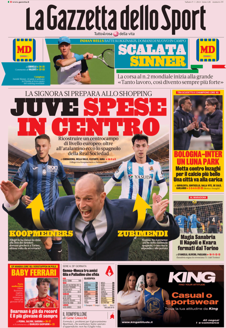 Prima Pagina La Gazzetta dello Sport 09/03/2024