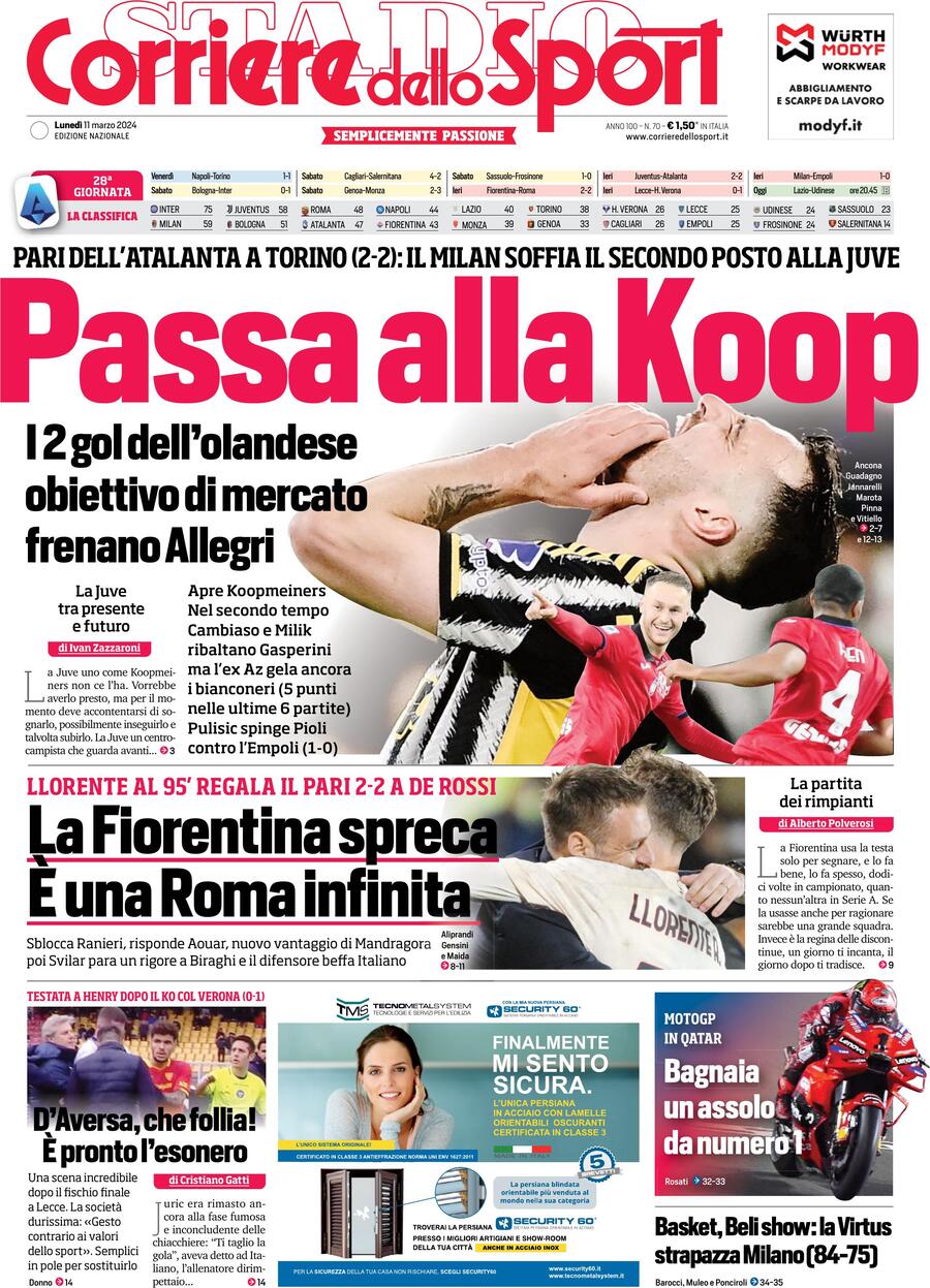 Prima Pagina Corriere dello Sport 11/03/2024