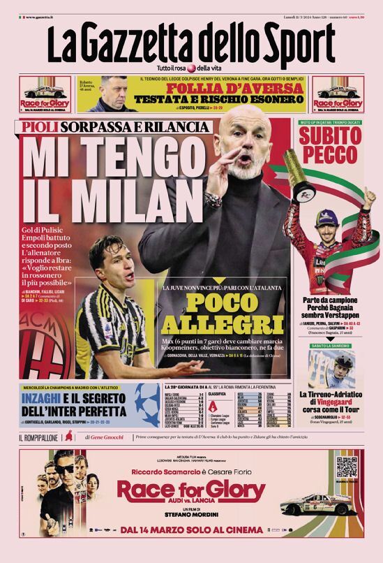 Prima Pagina La Gazzetta dello Sport 11/03/2024