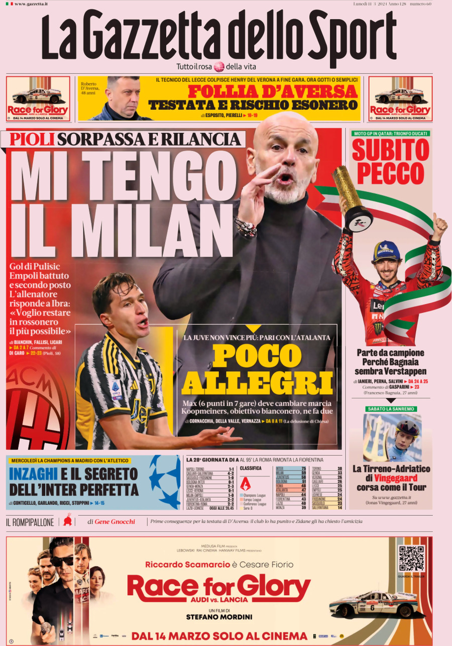 Prima Pagina La Gazzetta dello Sport 11/03/2024