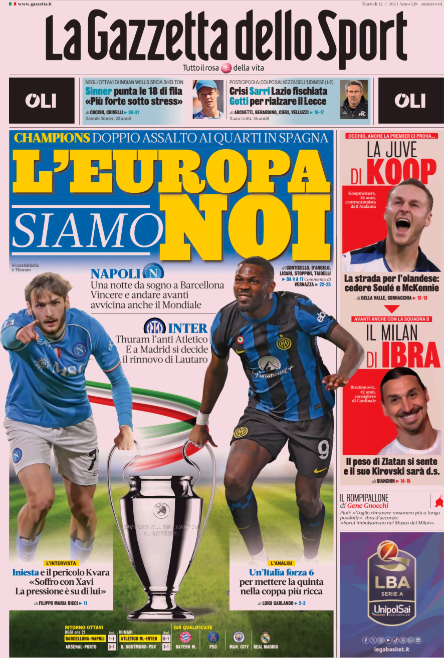 Prima Pagina La Gazzetta dello Sport 12/03/2024