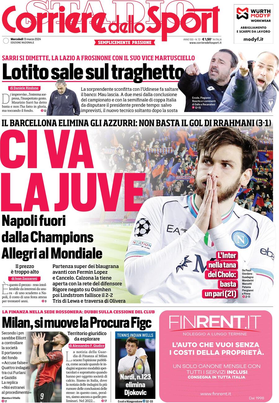 Prima Pagina Corriere dello Sport 13/03/2024