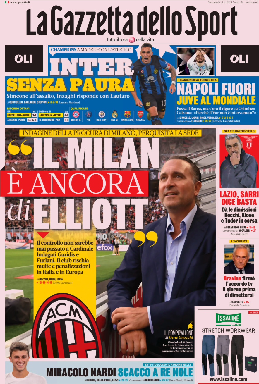 Prima Pagina La Gazzetta dello Sport 13/03/2024