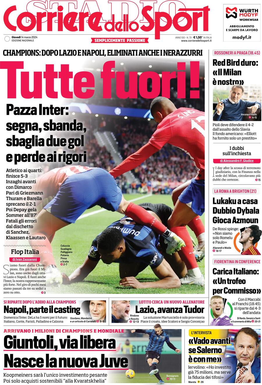 Prima Pagina Corriere dello Sport 14/03/2024
