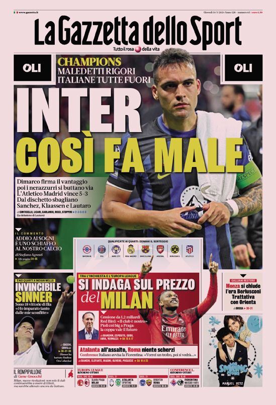 Prima Pagina La Gazzetta dello Sport 14/03/2024