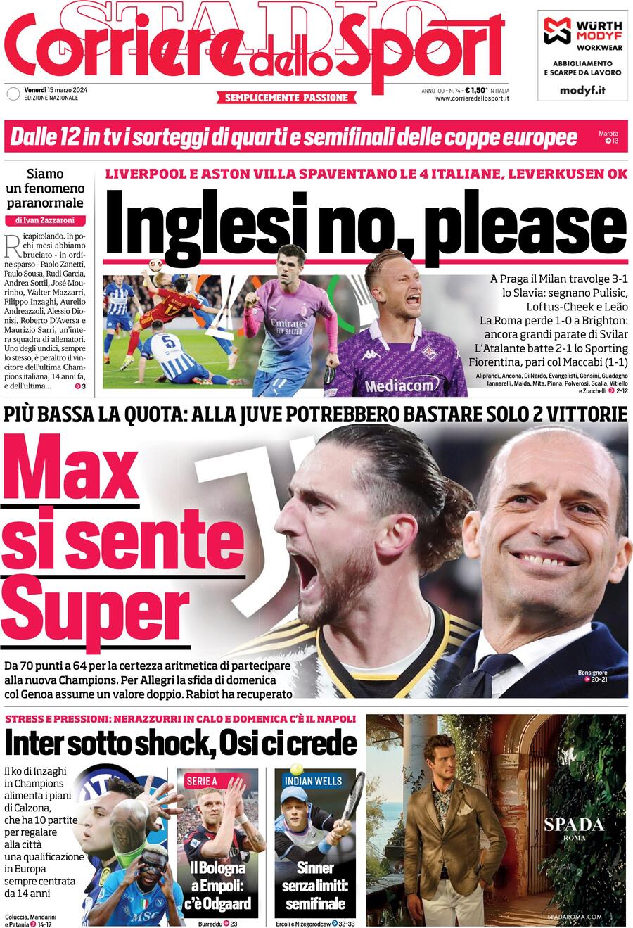 Prima Pagina Corriere dello Sport 15/03/2024