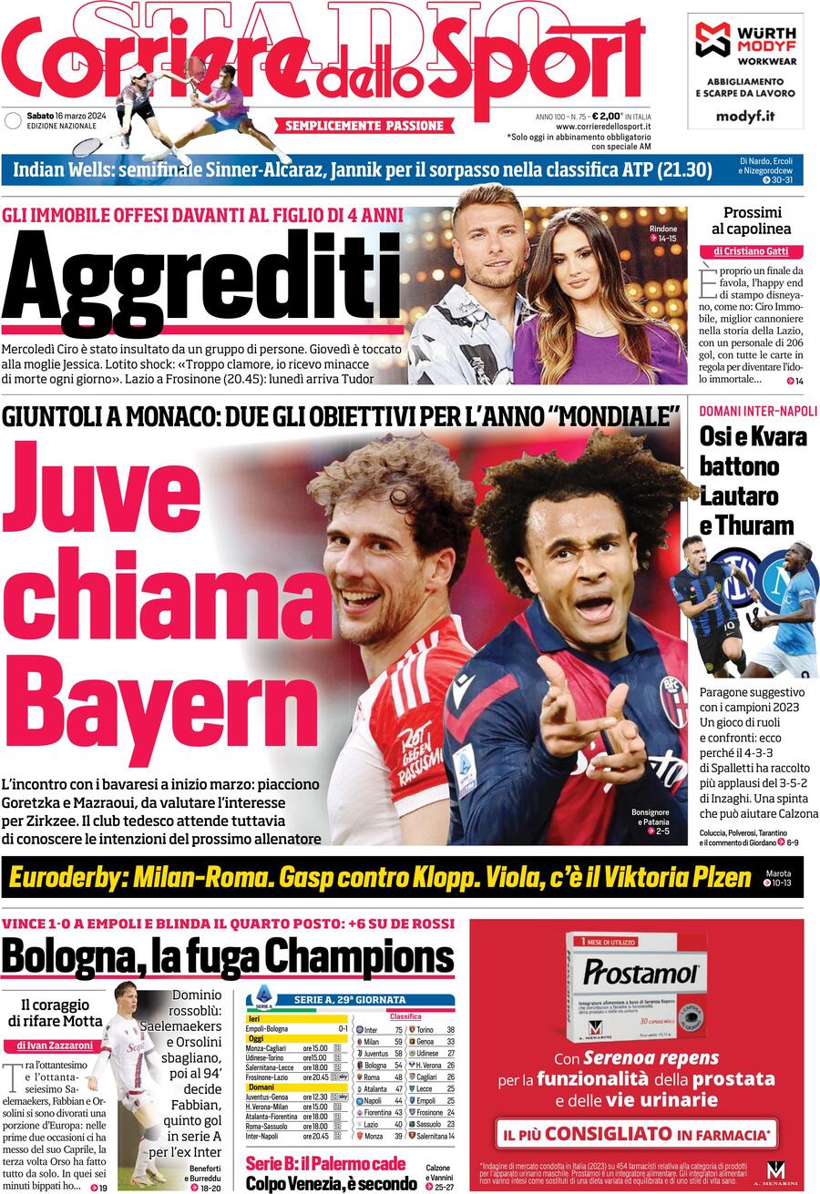 Prima Pagina Corriere dello Sport 16/03/2024