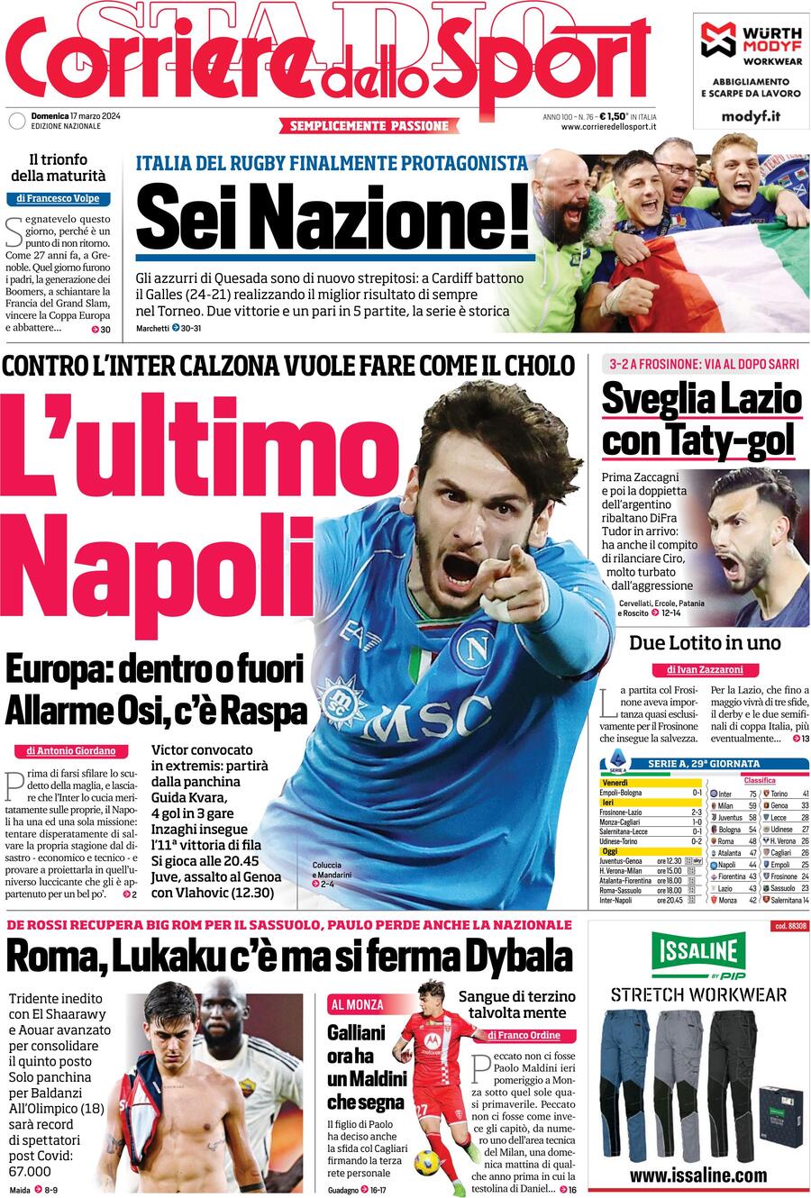 Prima Pagina Corriere dello Sport 17/03/2024