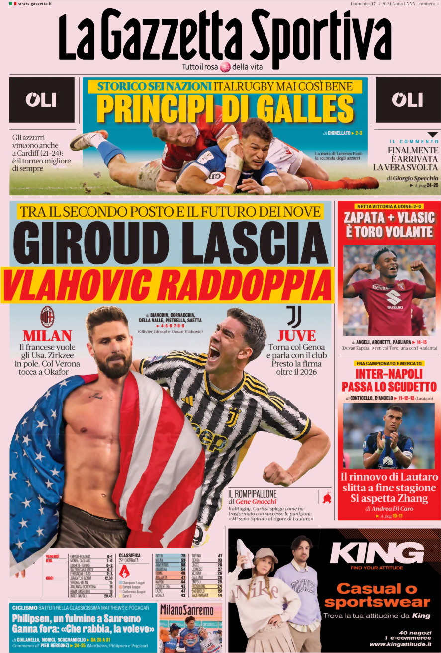 Prima Pagina La Gazzetta dello Sport 17/03/2024