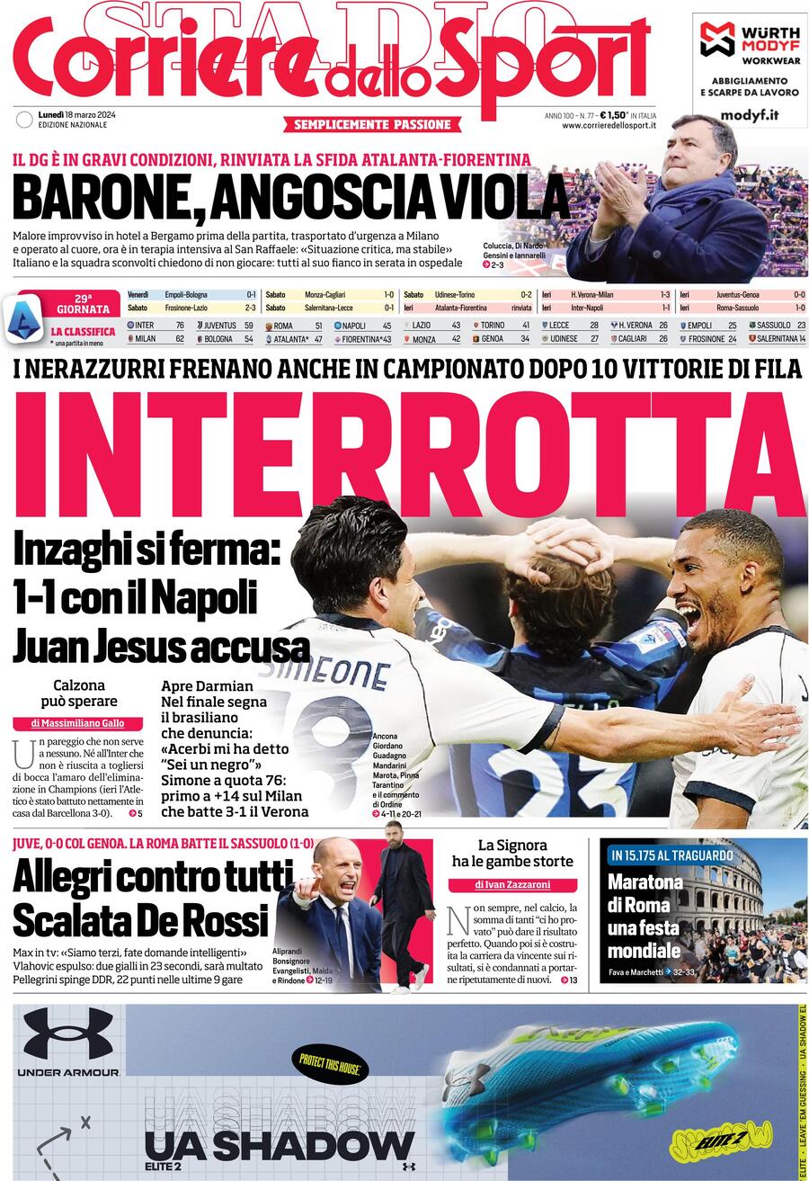 Prima Pagina Corriere dello Sport 18/03/2024
