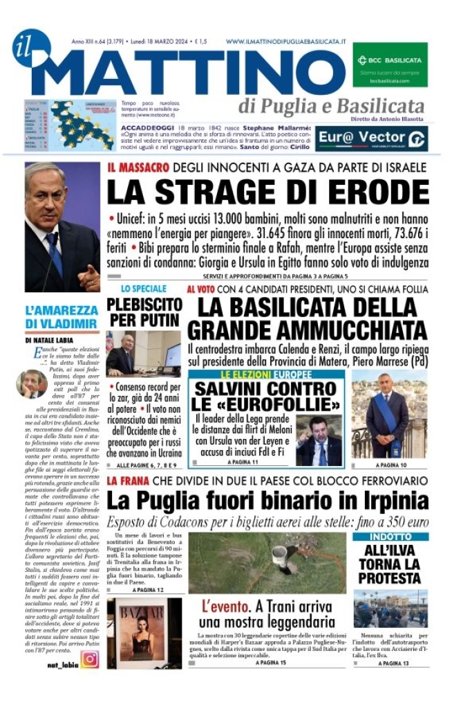 Prima Pagina Il Mattino di Puglia e Basilicata 18/03/2024
