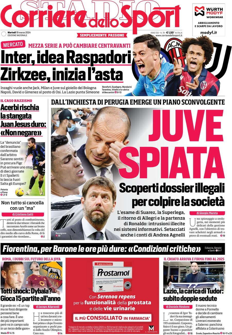 Prima Pagina Corriere dello Sport 19/03/2024