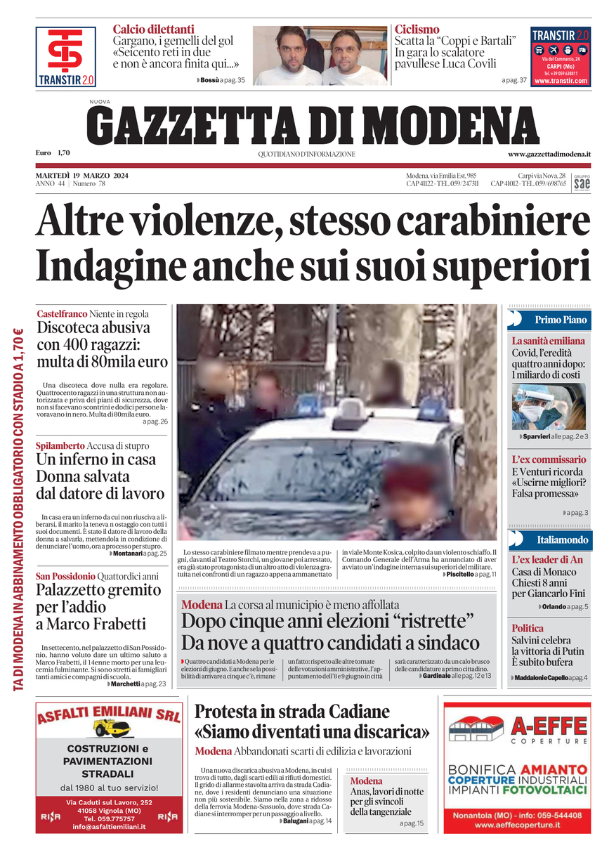 Prima Pagina Gazzetta di Modena 19/03/2024