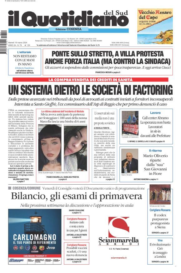 Prima Pagina Il Quotidiano del Sud (Cosenza) 19/03/2024