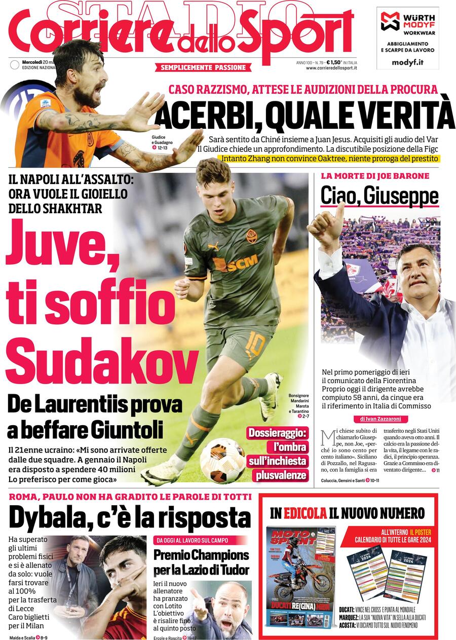 Prima Pagina Corriere dello Sport 20/03/2024