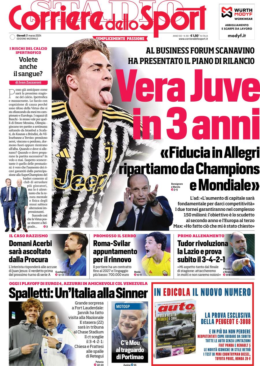 Prima Pagina Corriere dello Sport 21/03/2024
