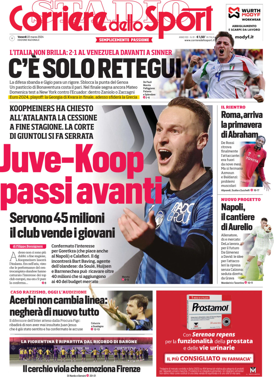 Prima Pagina Corriere dello Sport 22/03/2024