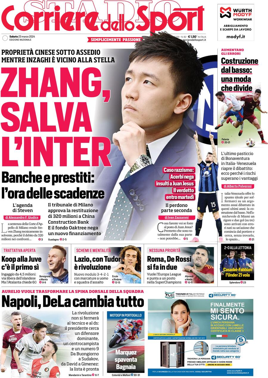 Prima Pagina Corriere dello Sport 23/03/2024