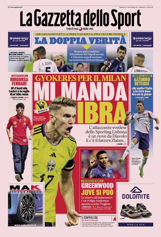 Prima Pagina La Gazzetta dello Sport 23/03/2024