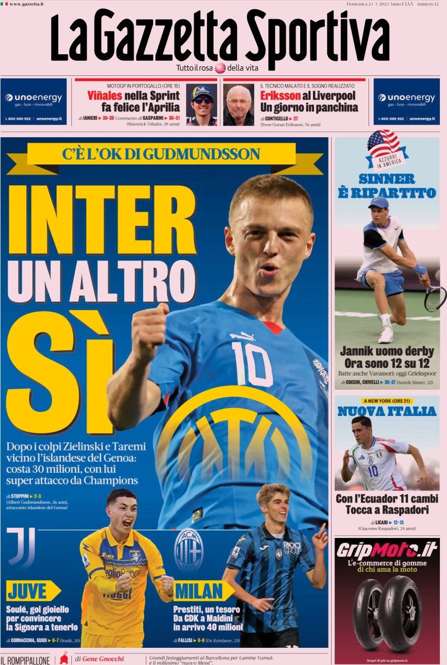Prima Pagina La Gazzetta dello Sport 24/03/2024