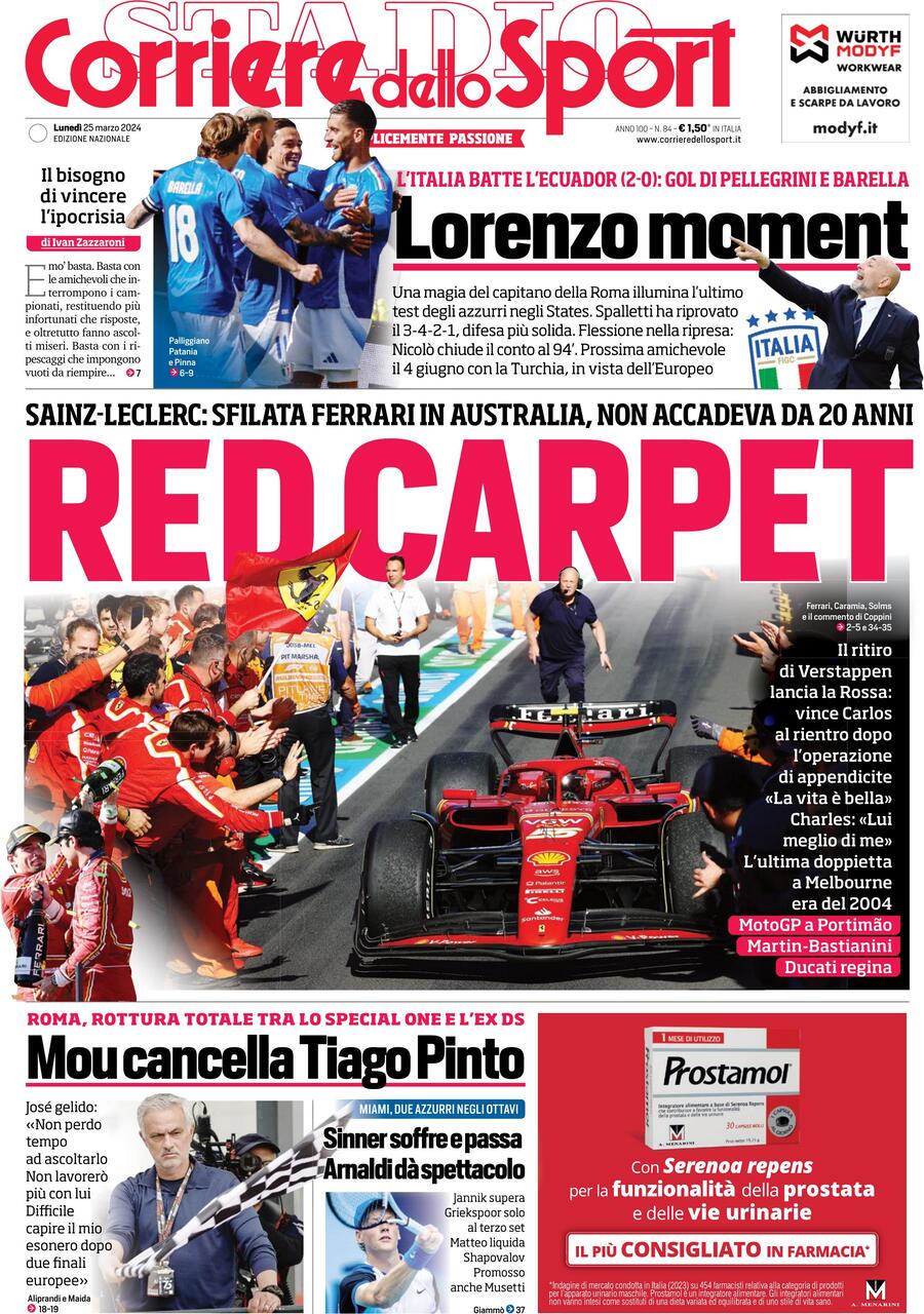 Prima Pagina Corriere dello Sport 25/03/2024