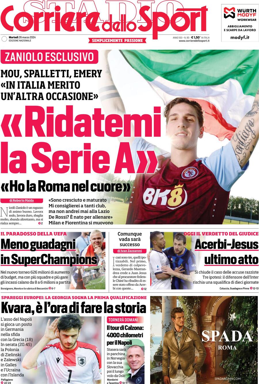 Prima Pagina Corriere dello Sport 26/03/2024
