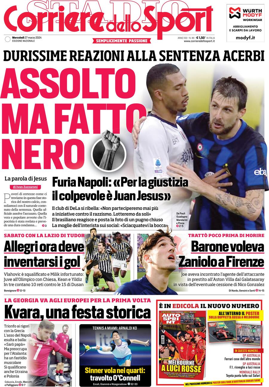 Prima Pagina Corriere dello Sport 27/03/2024