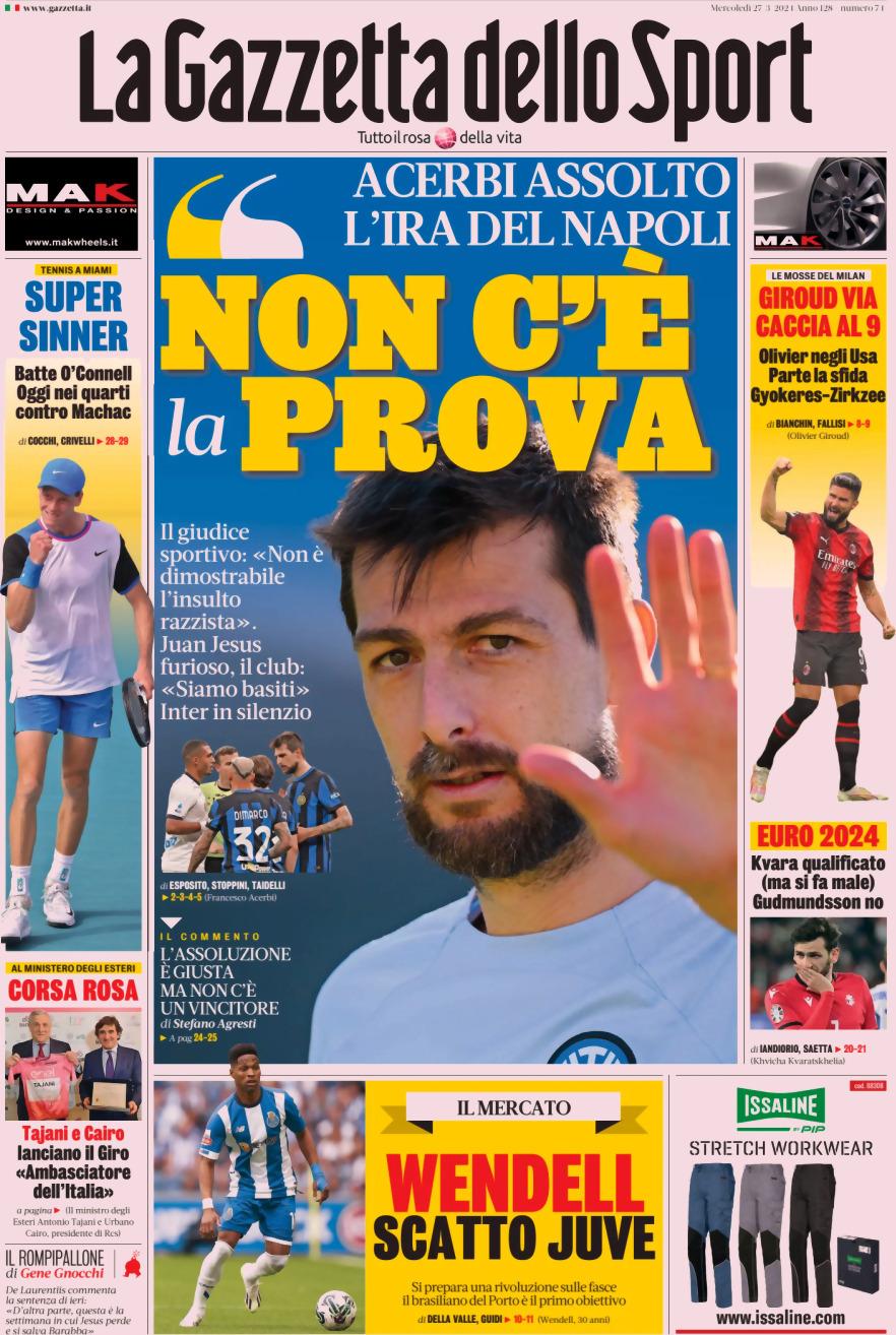 Prima Pagina La Gazzetta dello Sport 27/03/2024