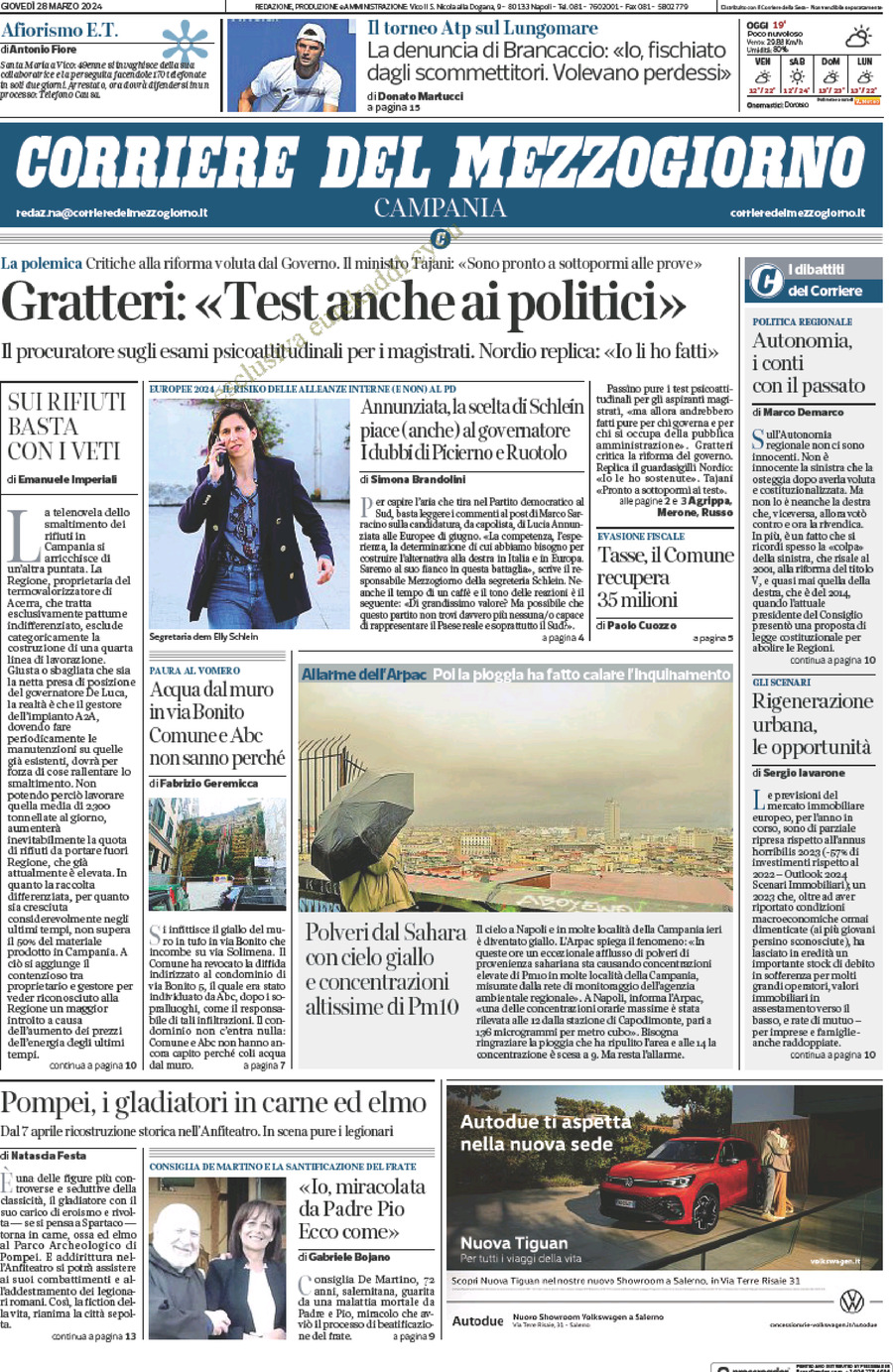 Prima Pagina Corriere del Mezzogiorno (Campania) 28/03/2024