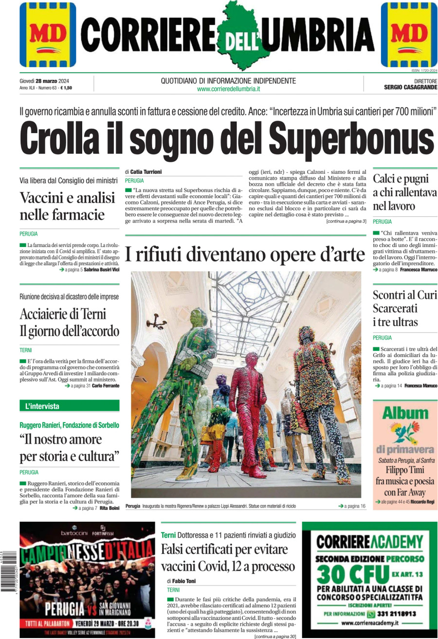 Prima Pagina Corriere dell'Umbria 28/03/2024