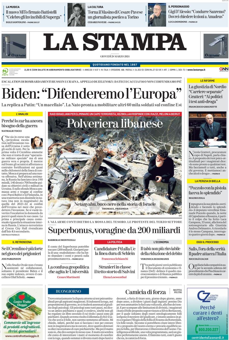 Prima Pagina La Stampa 28/03/2024