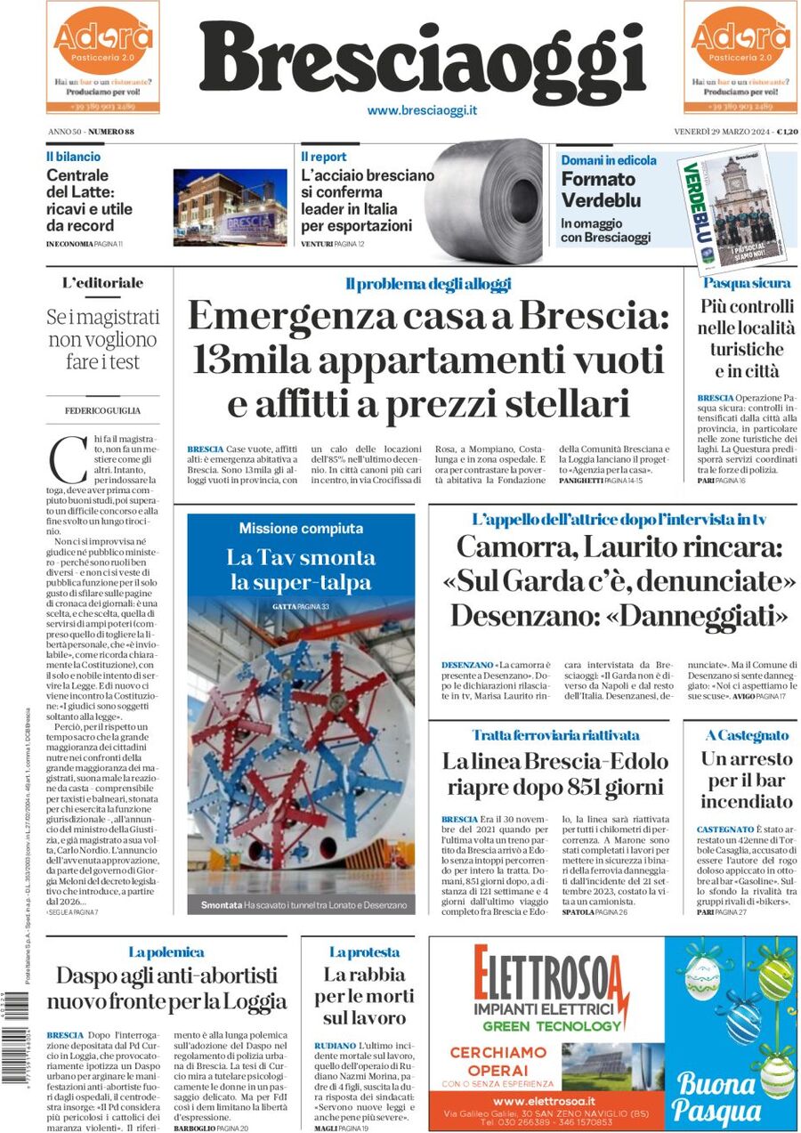 Prima Pagina Brescia Oggi 29/03/2024