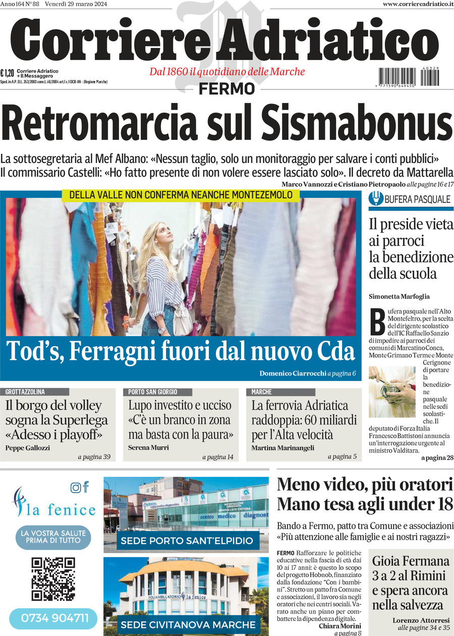 Prima Pagina Corriere Adriatico (Fermo) 29/03/2024