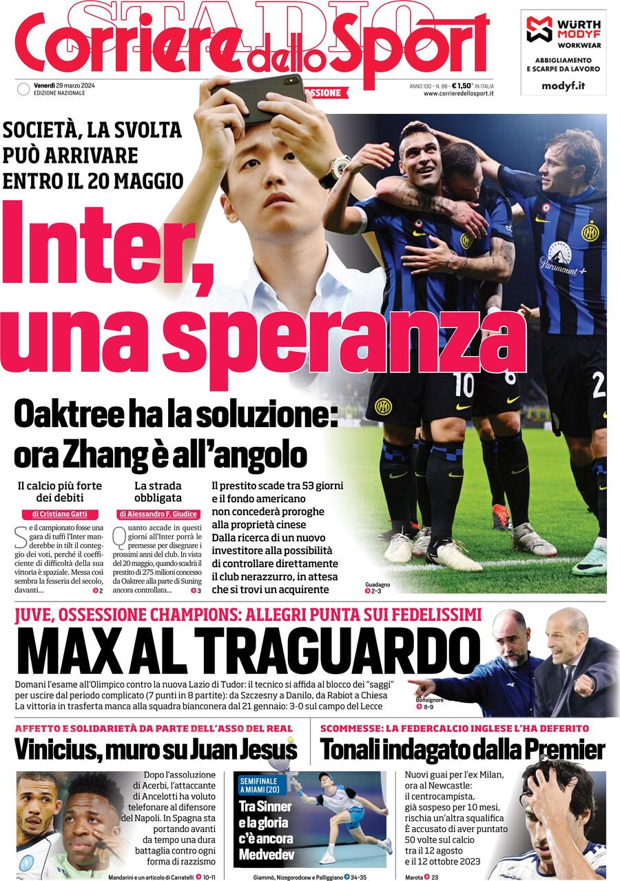 Prima Pagina Corriere dello Sport 29/03/2024