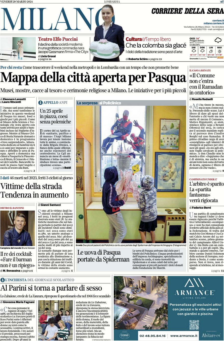 Prima Pagina Corriere della Sera (Milano) 29/03/2024