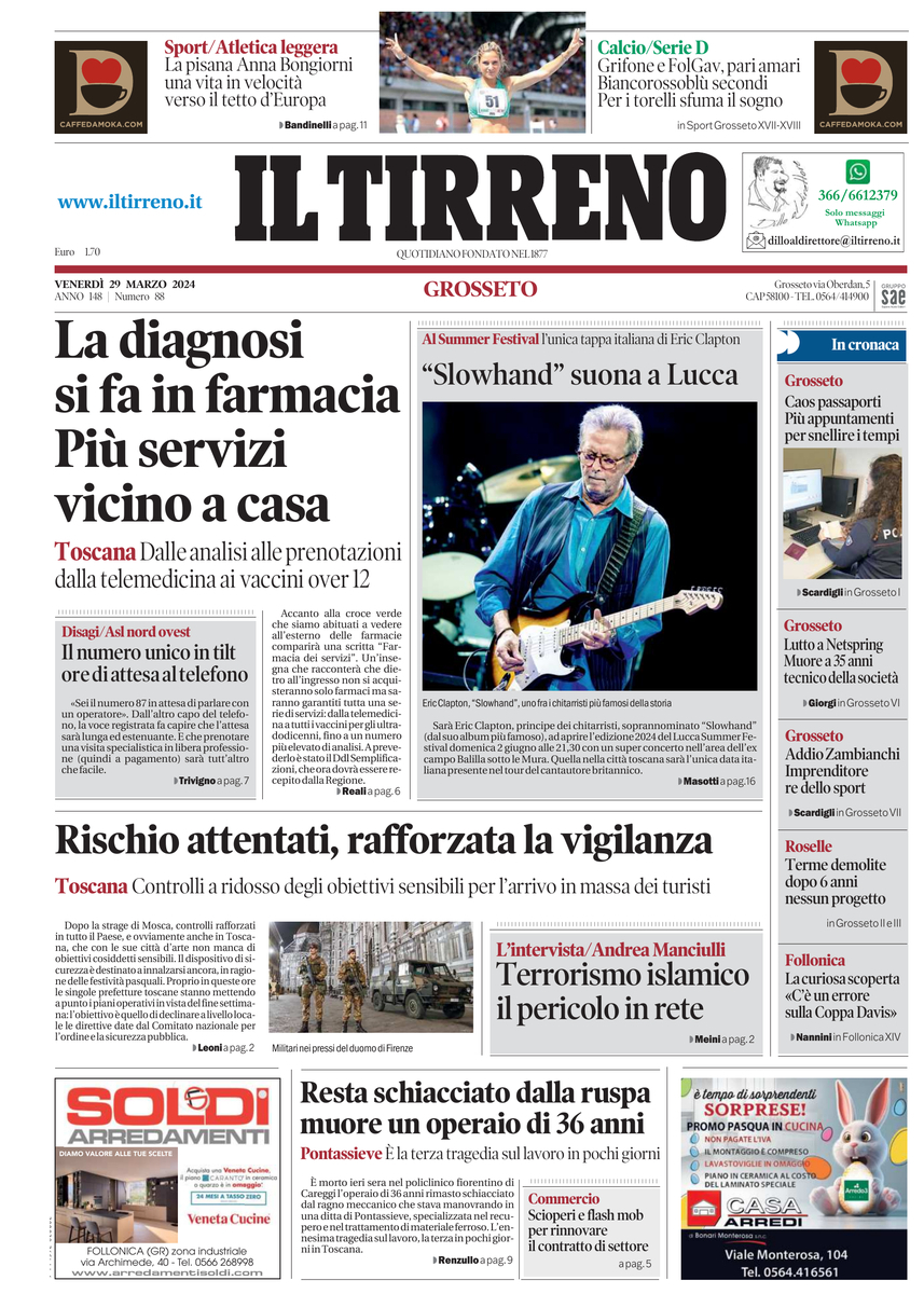 Prima Pagina Il Tirreno (Grosseto) 29/03/2024