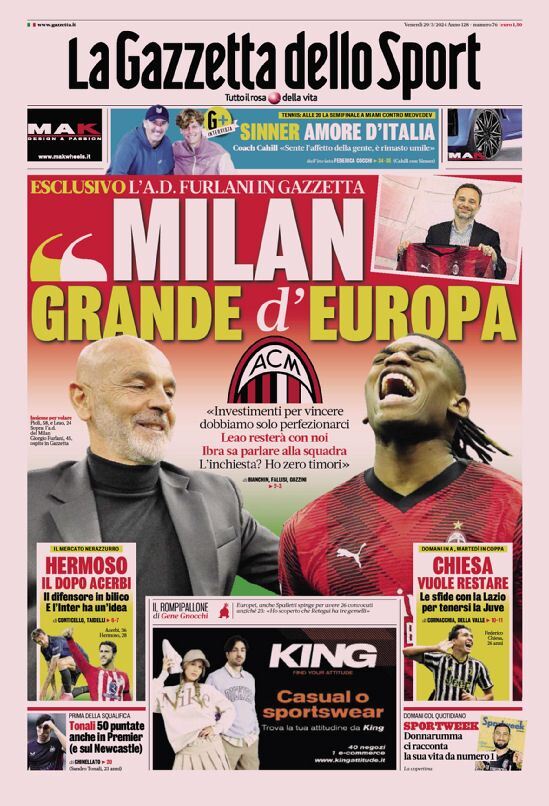 Prima Pagina La Gazzetta dello Sport 29/03/2024