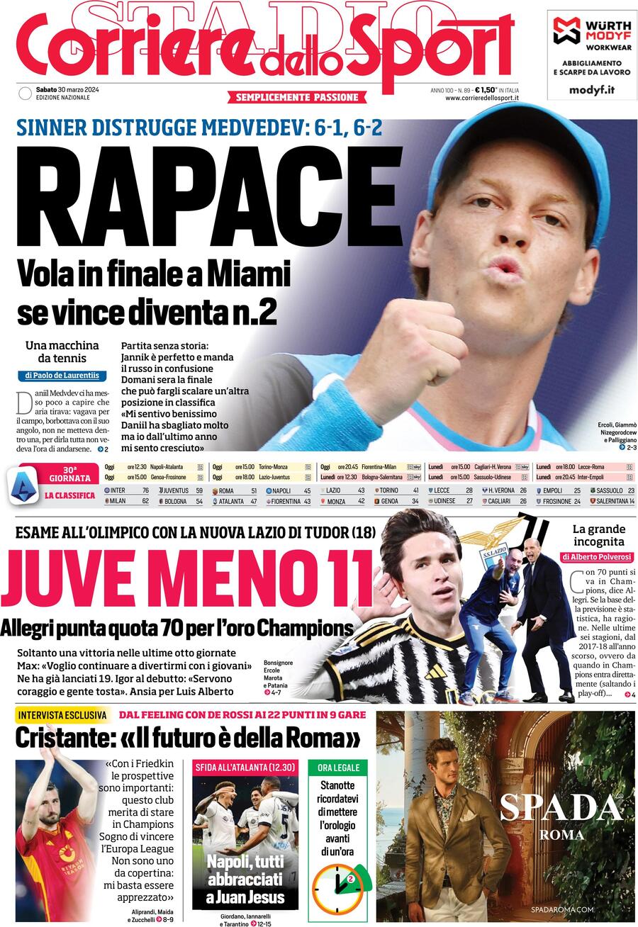 Prima Pagina Corriere dello Sport 30/03/2024