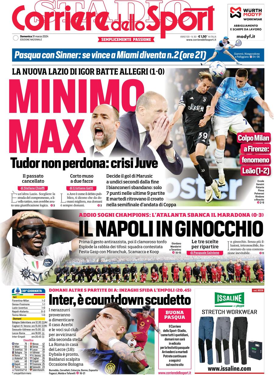 Prima Pagina Corriere dello Sport 31/03/2024