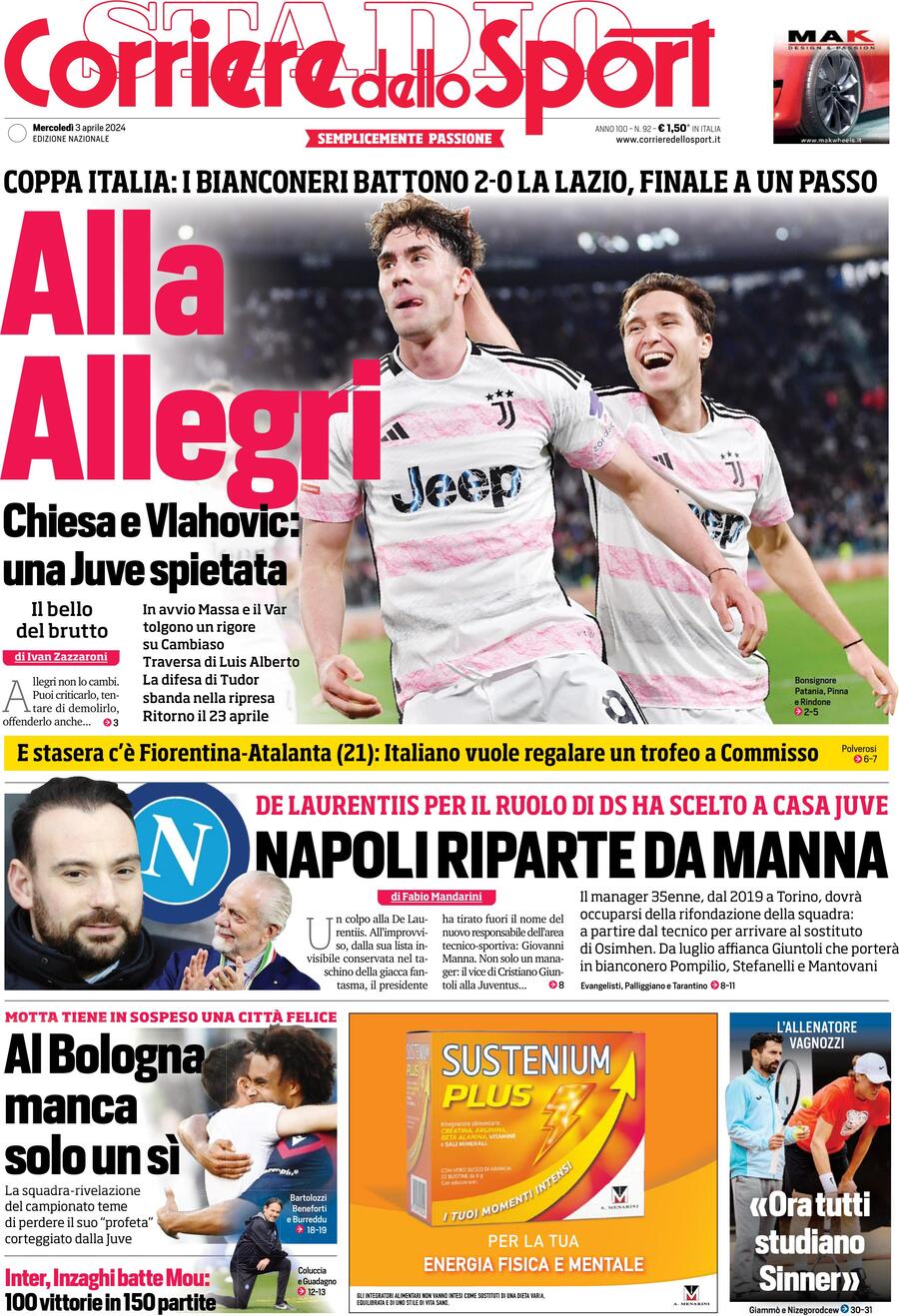 Prima Pagina Corriere dello Sport 03/04/2024