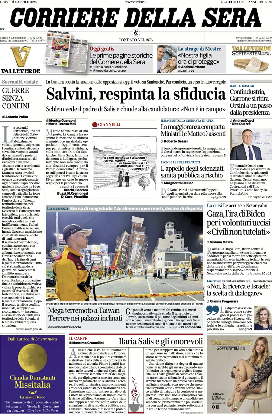 Prima Pagina Corriere della Sera 04/04/2024