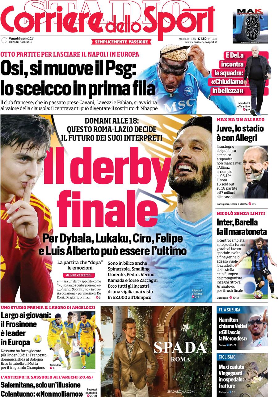 Prima Pagina Corriere dello Sport 05/04/2024